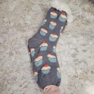RUOYIGU Womens Slipper Socks Fleece Lined Cupcake Print Gray Non-Slip Size 36-41